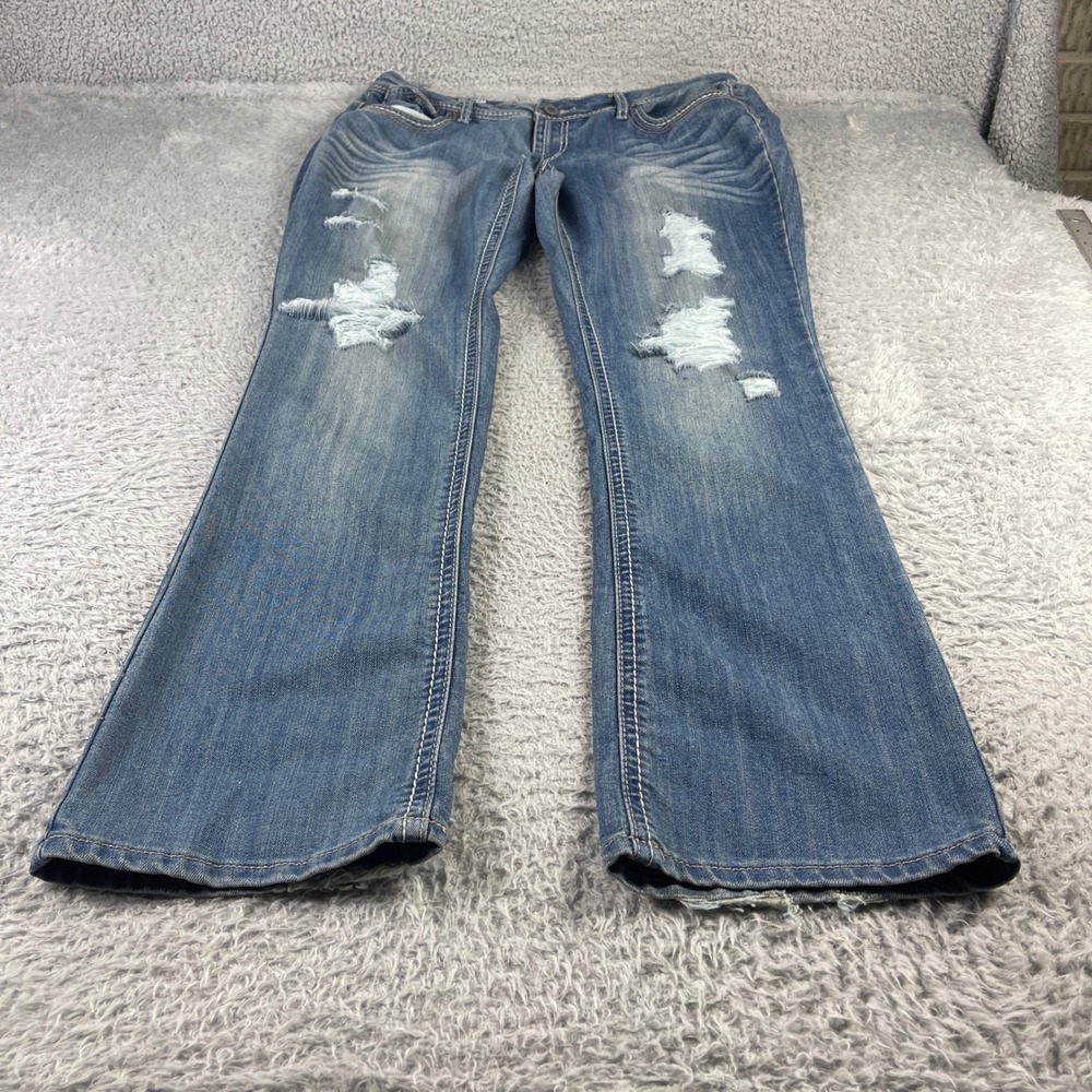 Mossimo Supply Co Distressed Boot Cut Jeans Womens 15 Medium Wash Thick Stitch